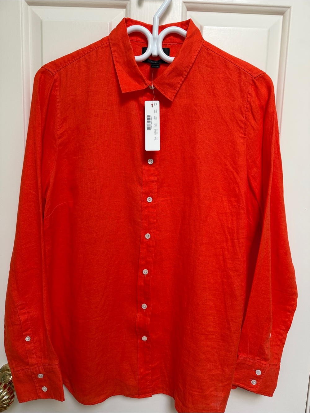 NWT J. Crew PERFECT sz 12P 100% linen button down shirt deep orange white button